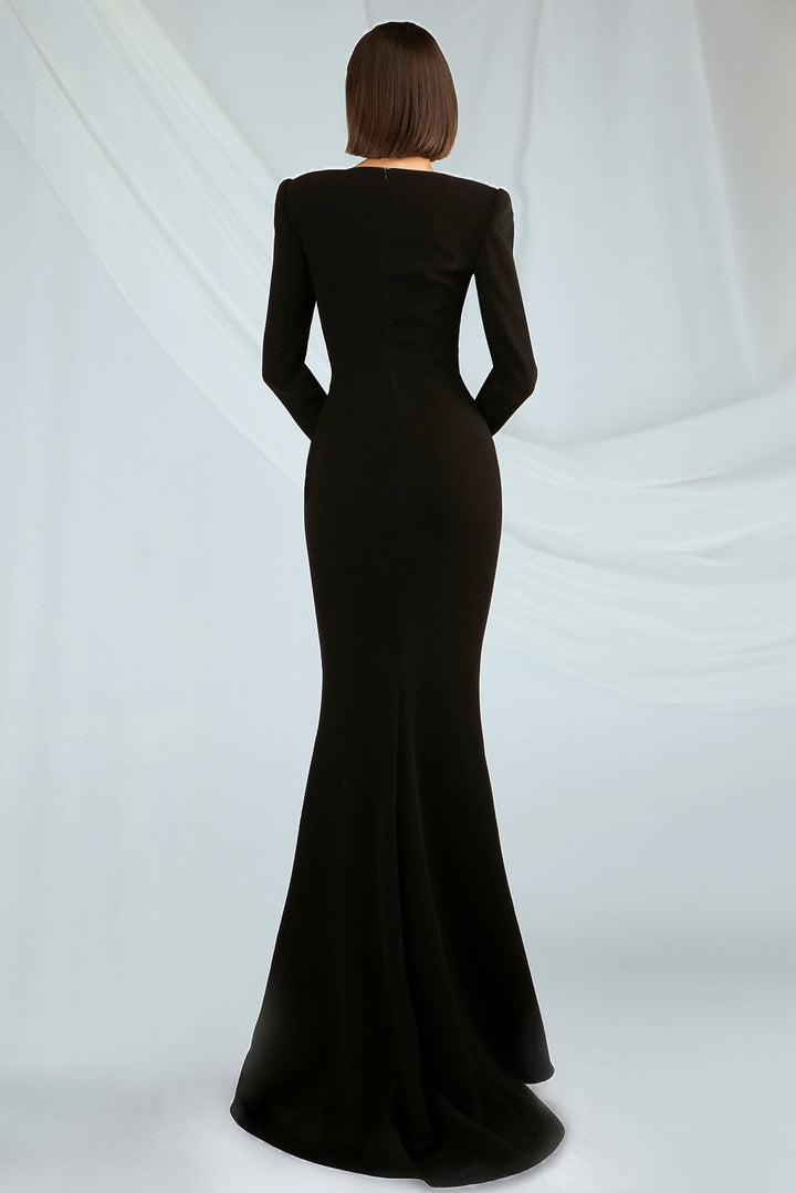 Crepe Dress with Embroidered Bust and Front Slit