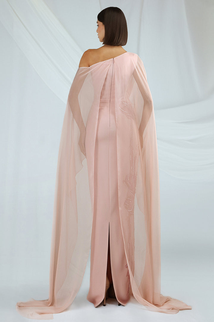 One-Shoulder Crepe Dress with Cape