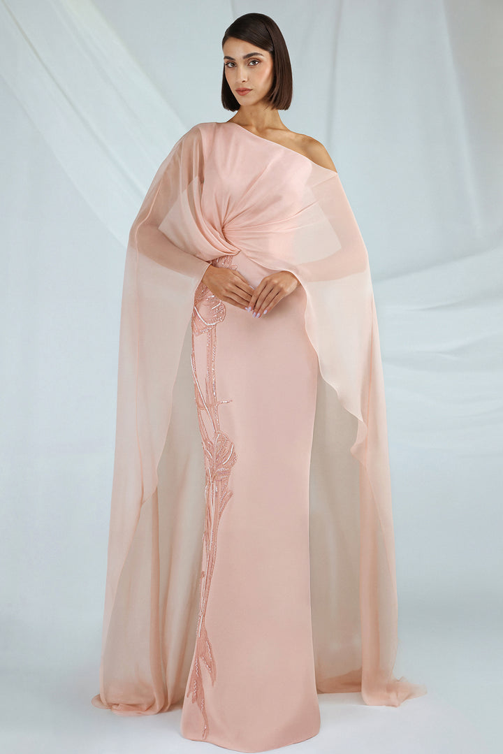 One-Shoulder Crepe Dress with Cape