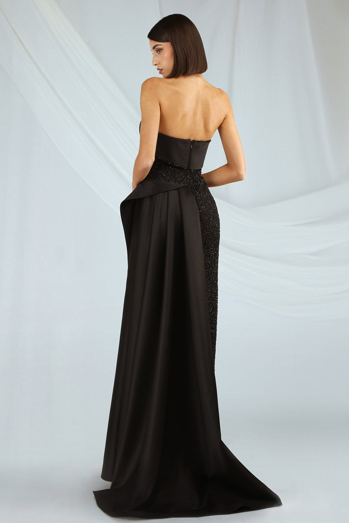Strapless Dress with Sparkly Skirt and Satin Train