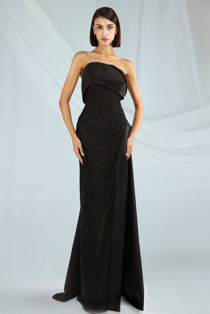 Strapless Dress with Sparkly Skirt and Satin Train