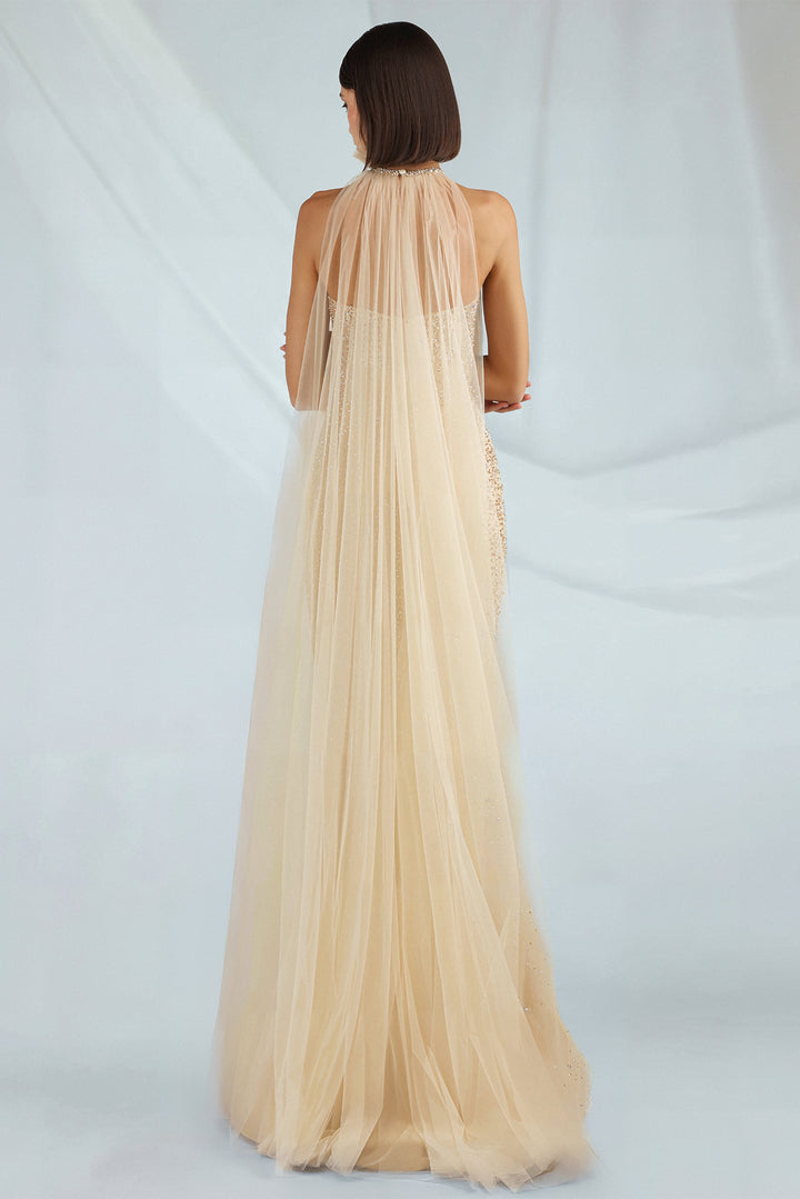 Tulle Sheath Dress with Beaded Corset and Cape