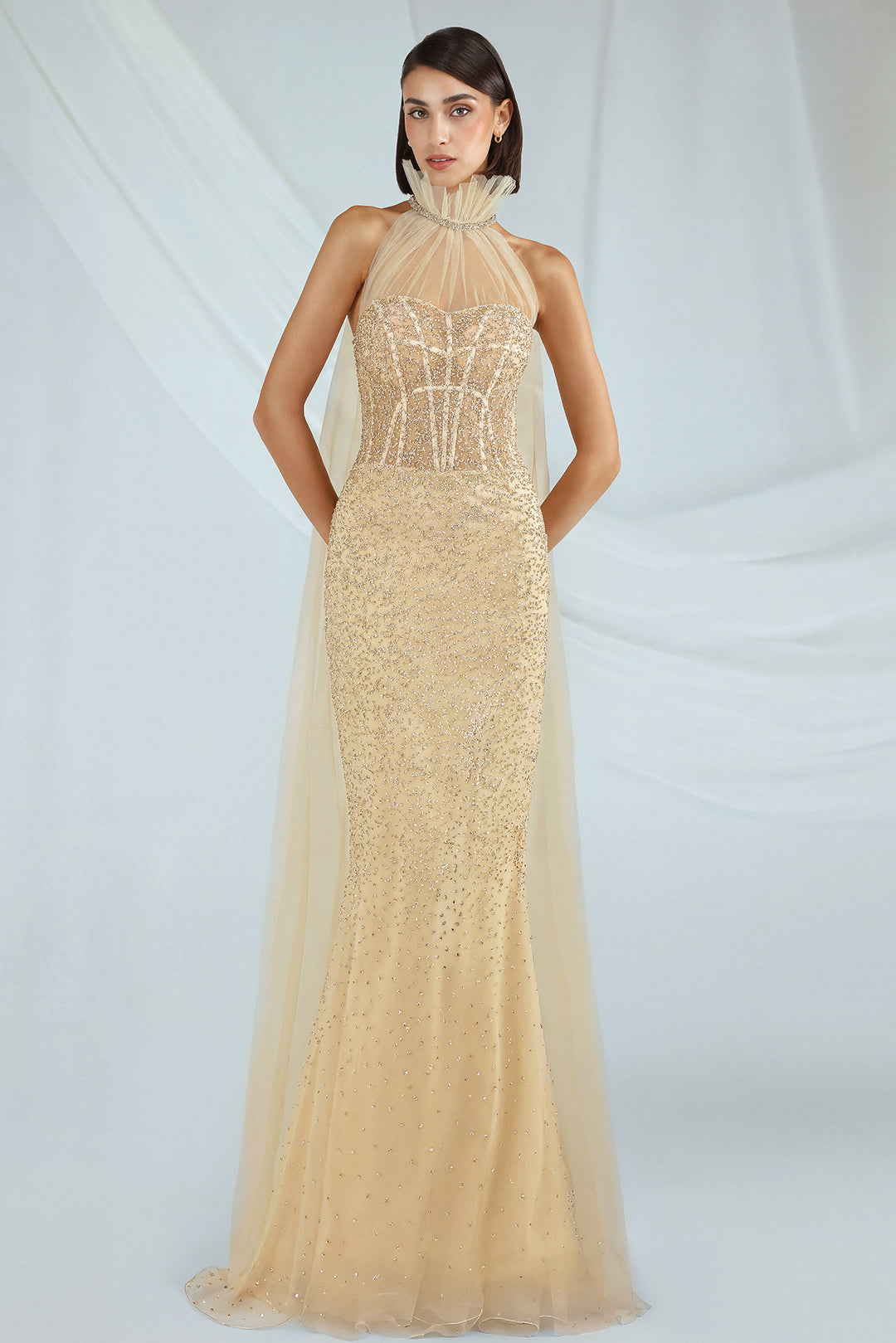Tulle Sheath Dress with Beaded Corset and Cape M.R DESIGN Tulle Sheath Dress with Beaded Corset and Cape M.R DESIGN