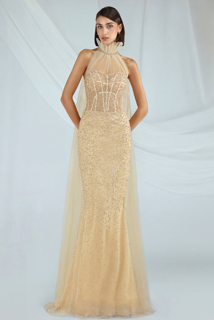 Tulle Sheath Dress with Beaded Corset and Cape