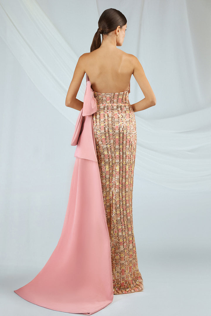 Strapless Dress with Embroidered Skirt and Draped Bodice