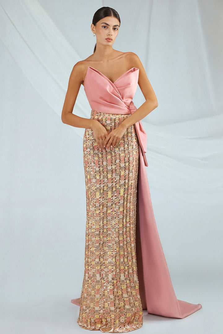 Strapless Dress with Embroidered Skirt and Draped Bodice