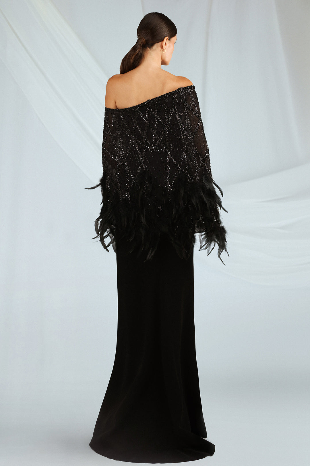 Crepe Dress with Embroidered Cape and Feather Trim