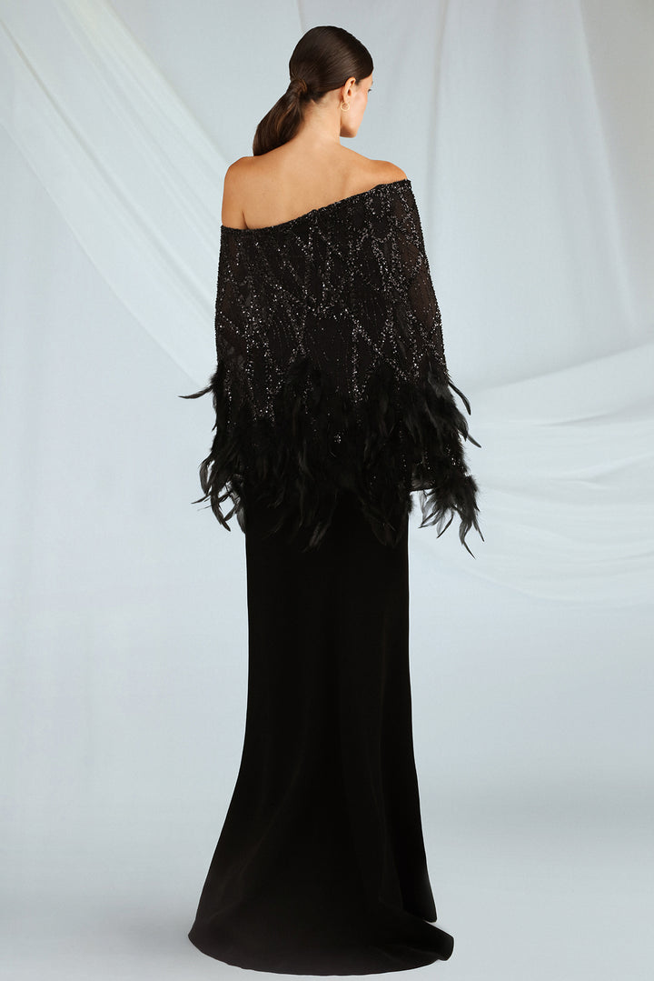 Crepe Dress with Embroidered Cape and Feather Trim