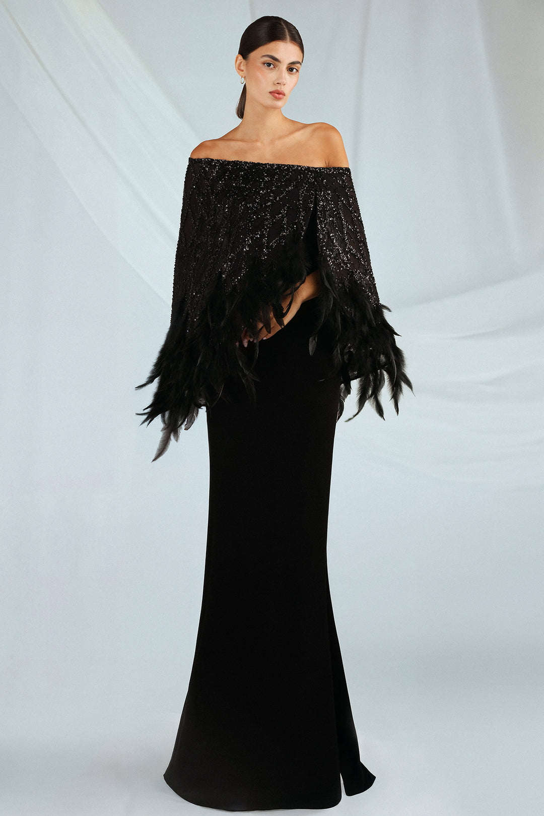 Black Feather Off Shoulder Gown Black / FR 44 Black Feather Off Shoulder Gown Black / FR 44