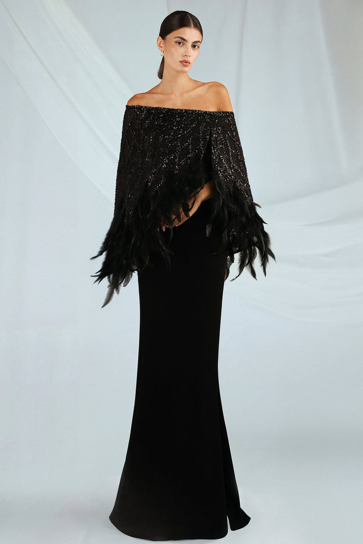 Crepe Dress with Embroidered Cape and Feather Trim