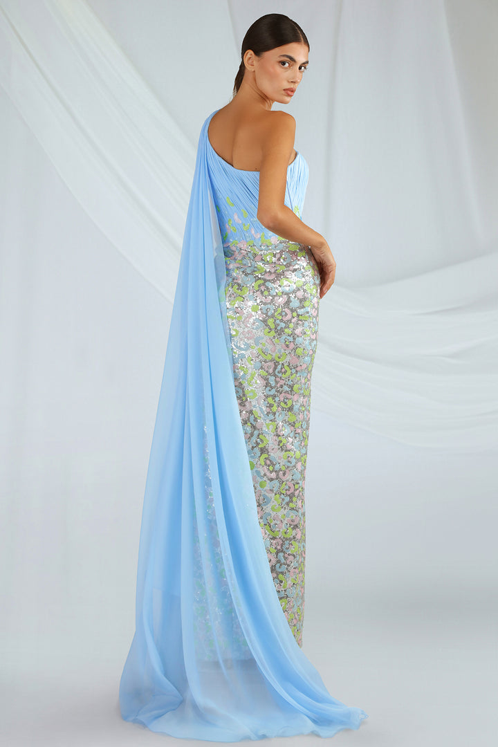 Sequin One-Shoulder Dress with Cape