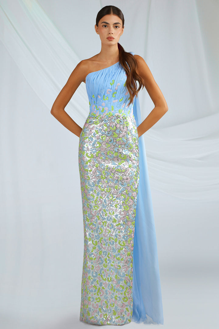 Sequin One-Shoulder Dress with Cape
