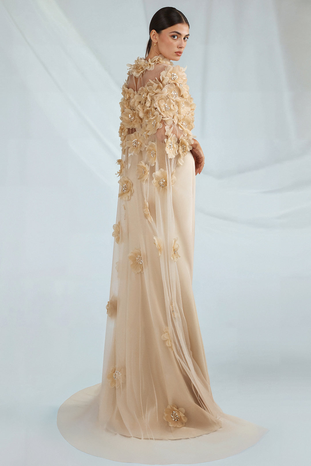 Crepe Dress with Cape and Floral Appliques Champagne / FR 52 Crepe Dress with Cape and Floral Appliques Champagne / FR 52
