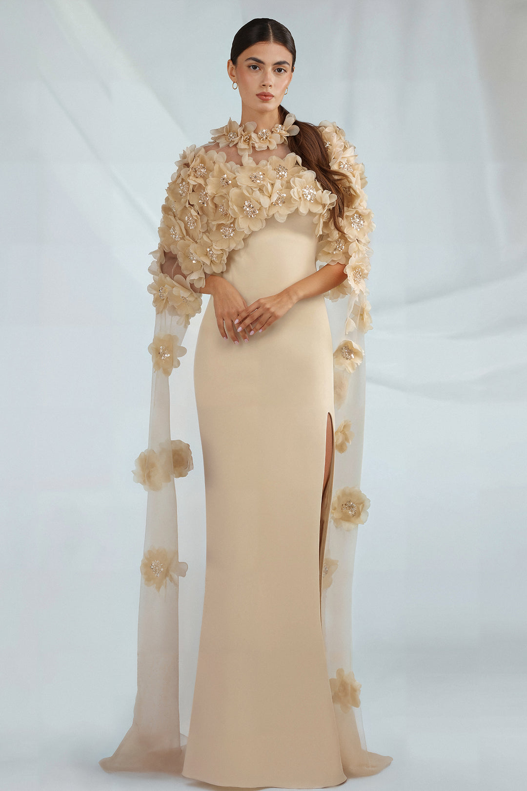 Crepe Dress with Cape and Floral Appliques Champagne / FR 52 Crepe Dress with Cape and Floral Appliques Champagne / FR 52