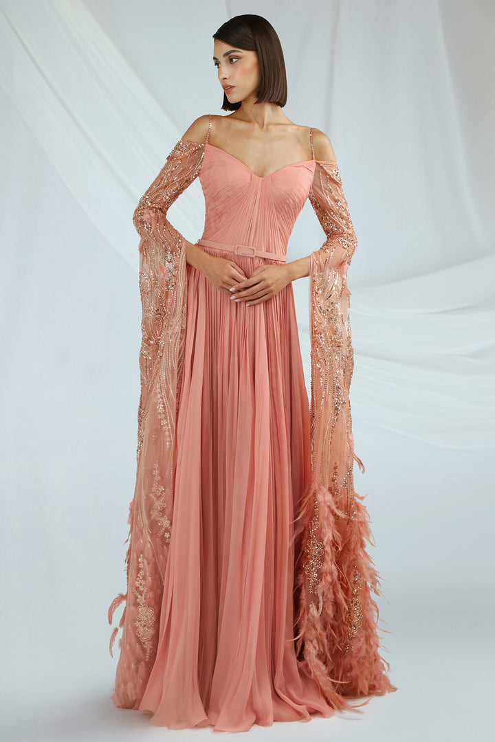 Tulle Dress with Embroidery and Feather