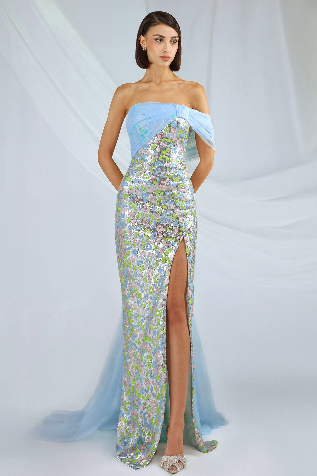 sequin bust dress Stylish Sequin Bust Satin Maxi Dress in Light Blue