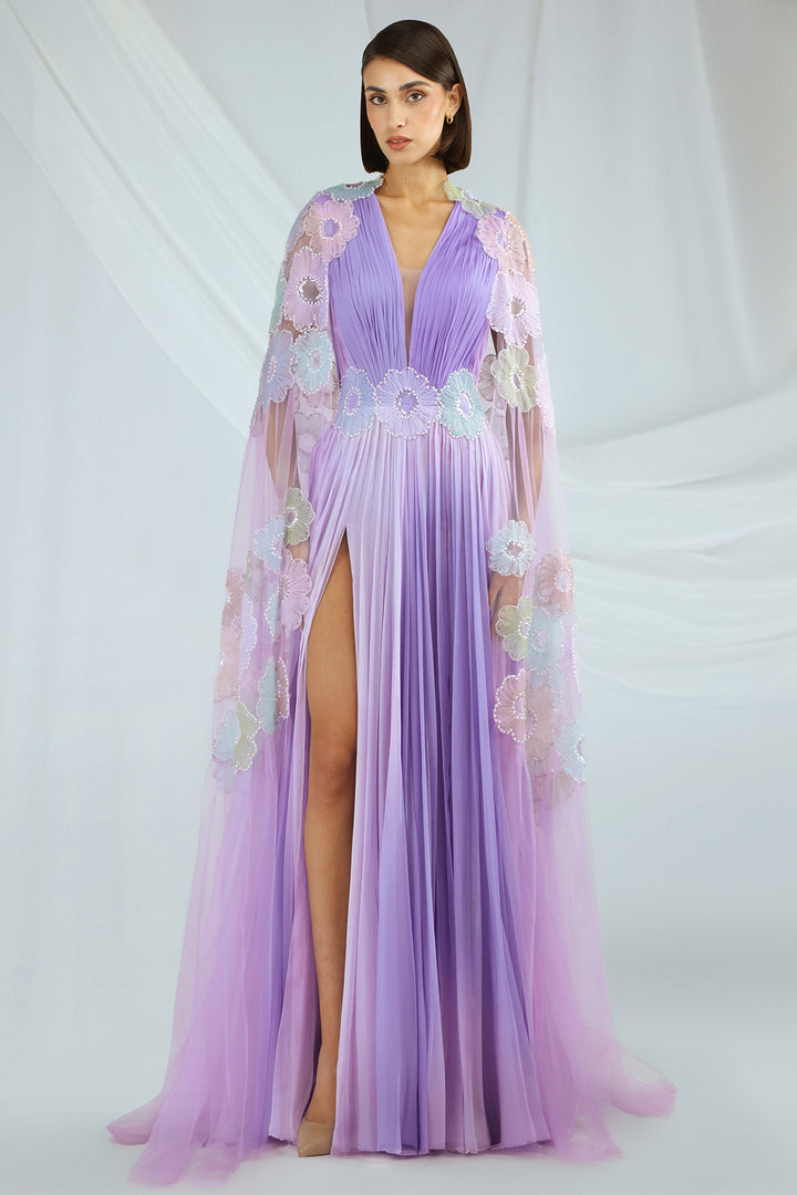 Floral Chiffon Dress with Cape