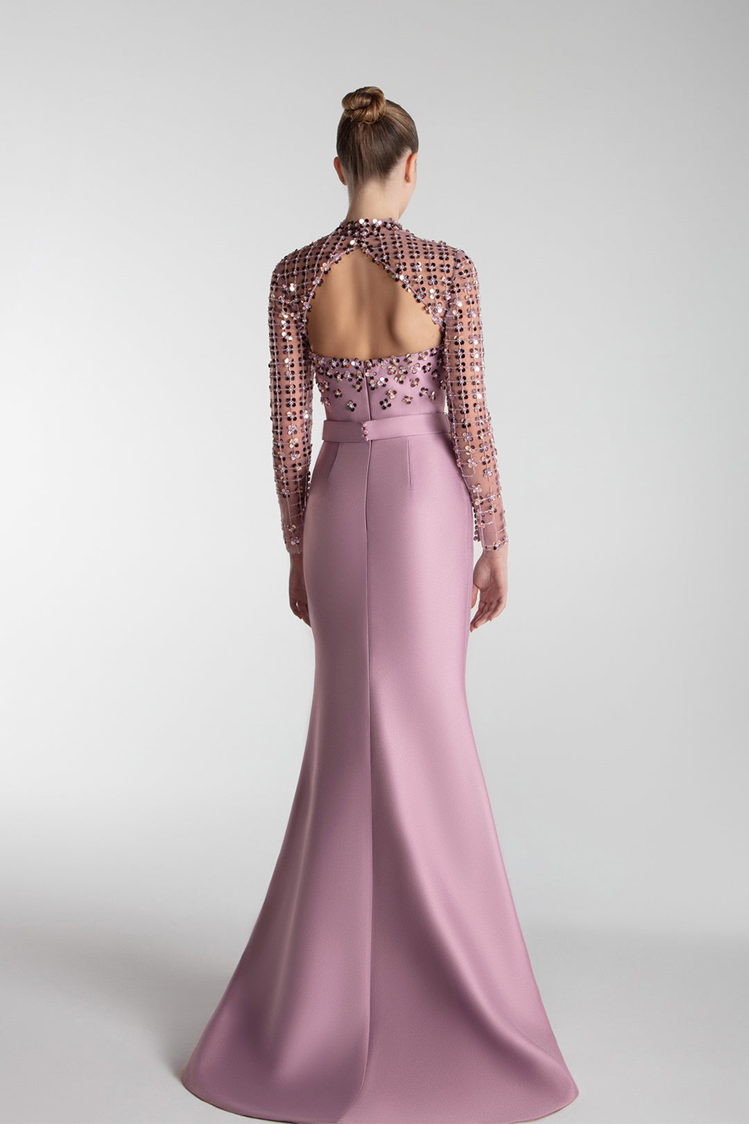 Structured Cape Sleeve Gown With Mirror Embroidery