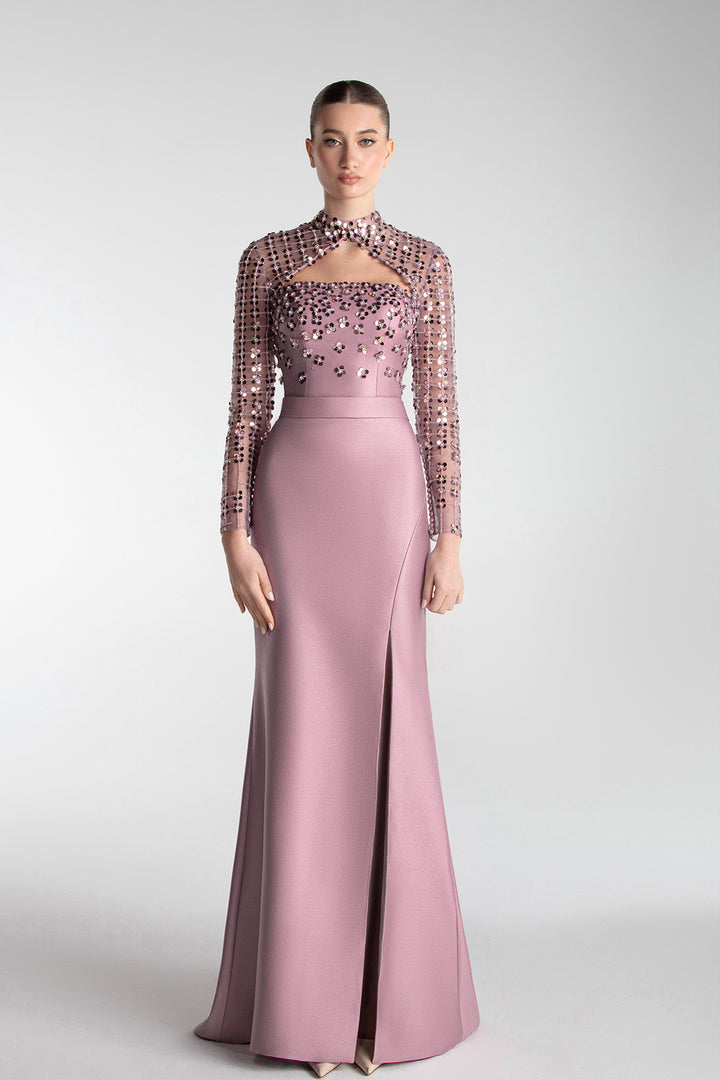 Structured Cape Sleeve Gown With Mirror Embroidery