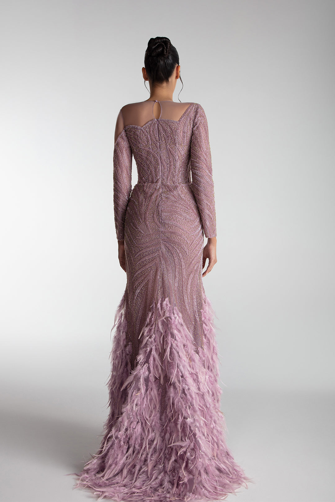Embroidered Tulle Gown With Feathered Hem