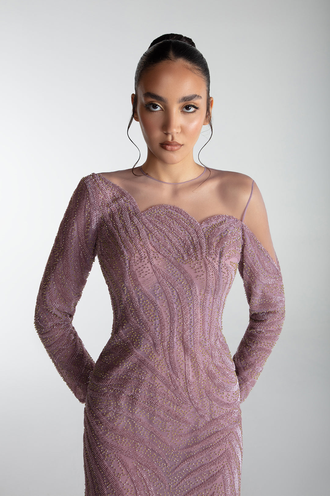 Embroidered Tulle Gown With Feathered Hem