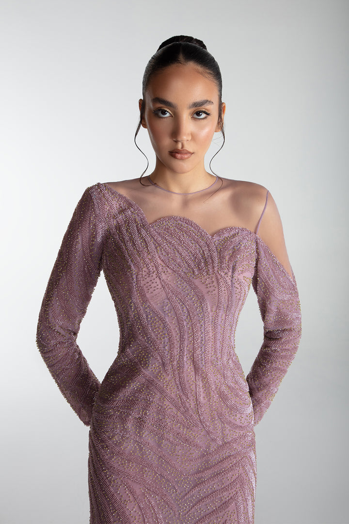 Embroidered Tulle Gown With Feathered Hem