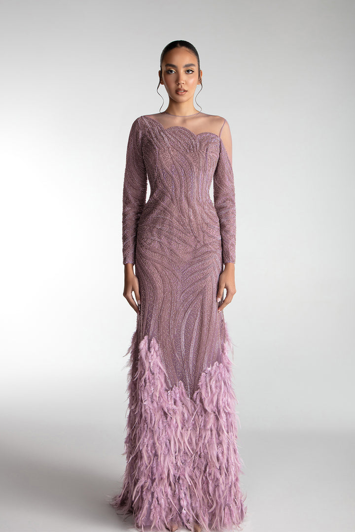 Embroidered Tulle Gown With Feathered Hem