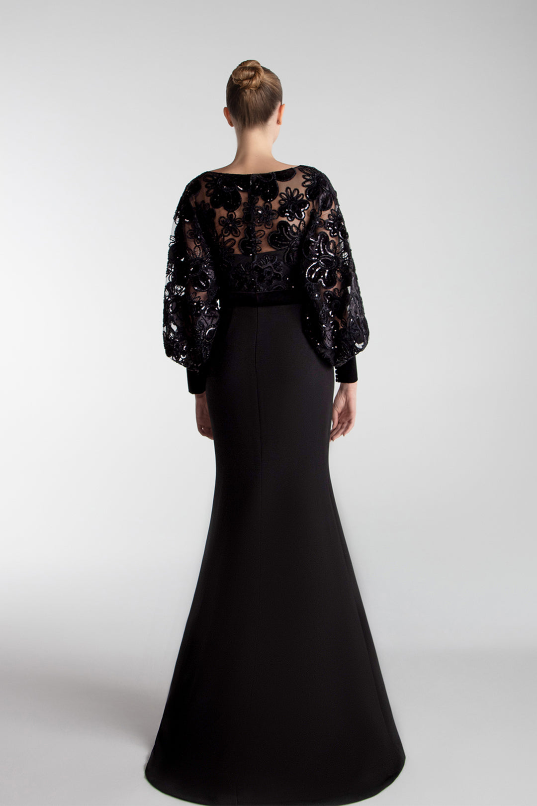 Blouson Bodice Gown With Floral Velvet Embroidery