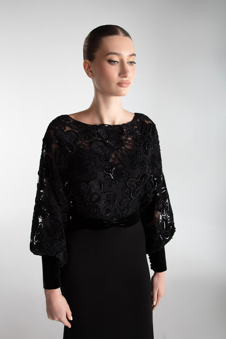 Blouson Bodice Gown With Floral Velvet Embroidery