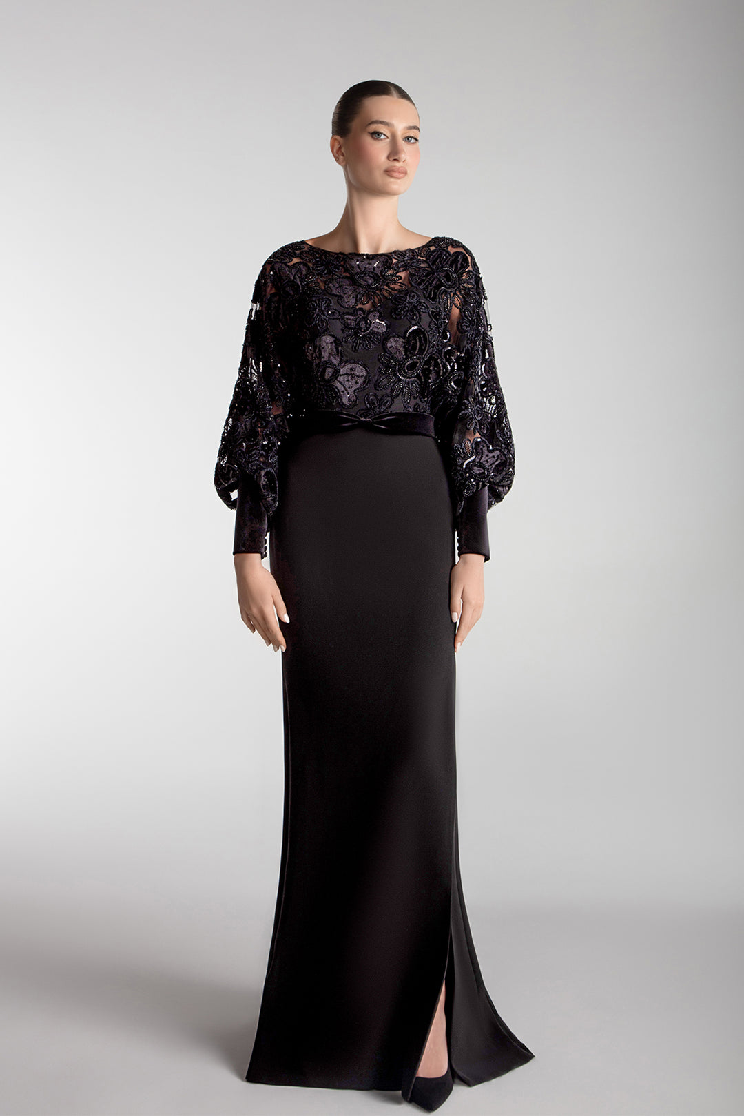 Blouson Bodice Gown With Floral Velvet Embroidery M.R DESIGN Blouson Bodice Gown With Floral Velvet Embroidery M.R DESIGN