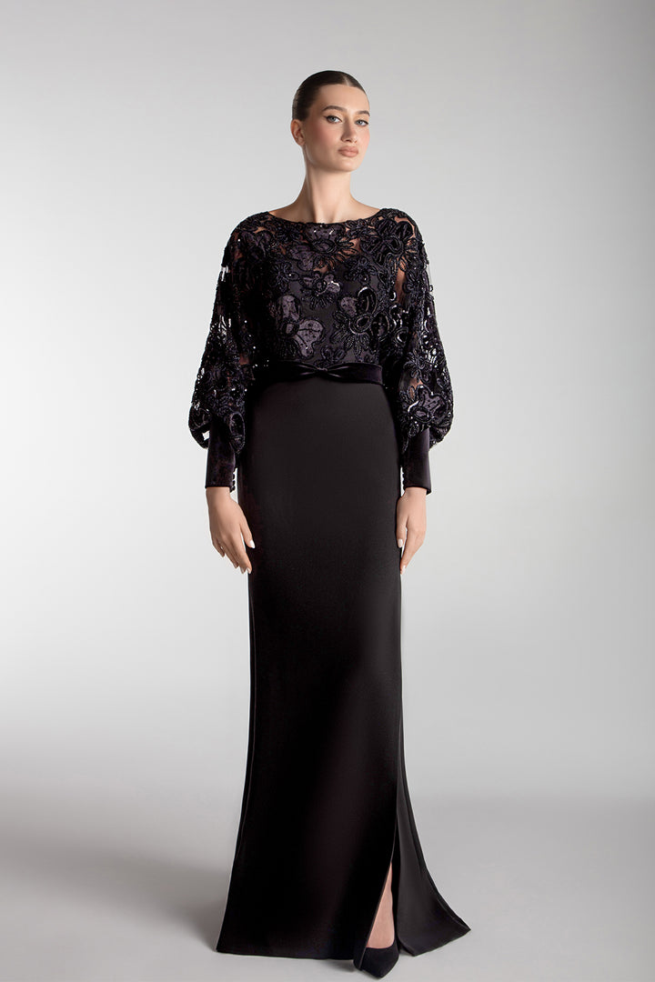 Blouson Bodice Gown With Floral Velvet Embroidery