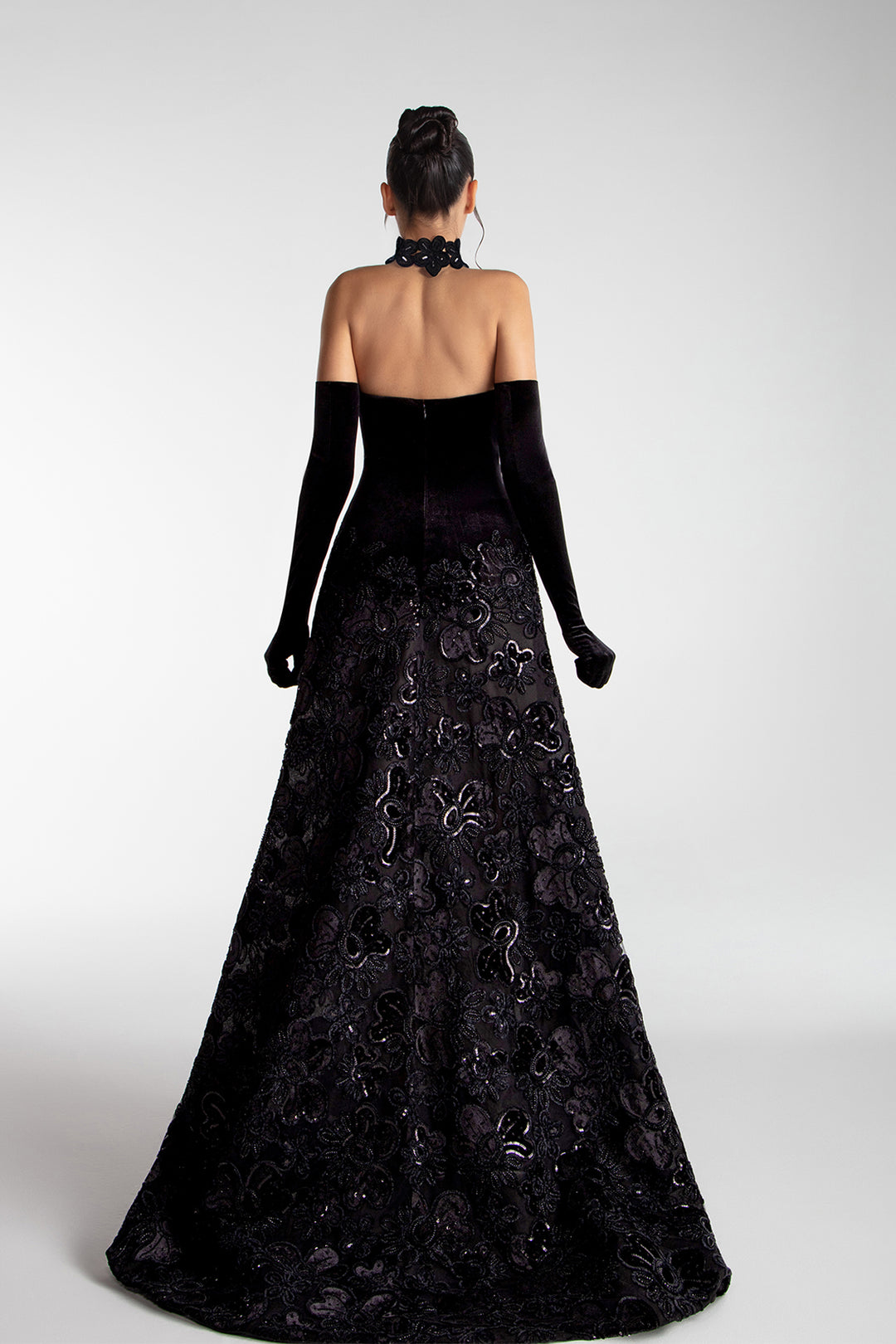 Velvet Corset Gown With Embroidered Skirt