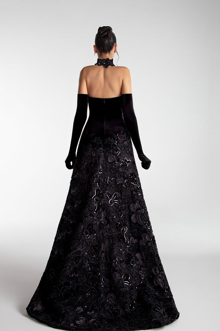 Velvet Corset Gown With Embroidered Skirt