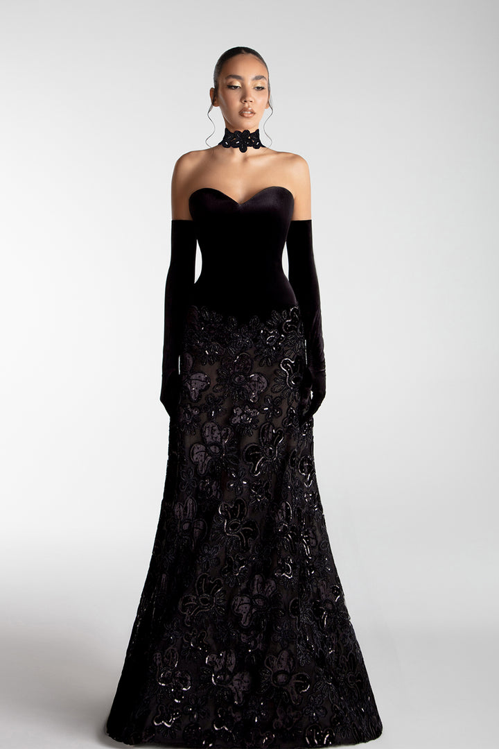 Velvet Corset Gown With Embroidered Skirt