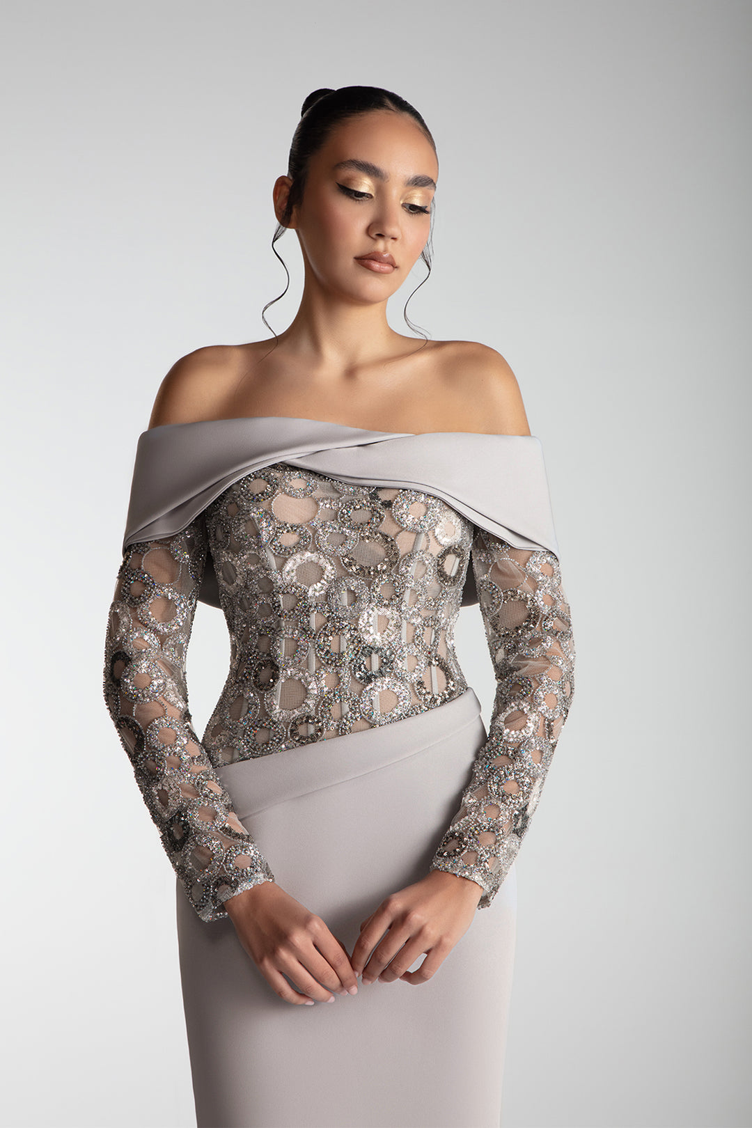 Off-Shoulder Embroidered Crepe Gown