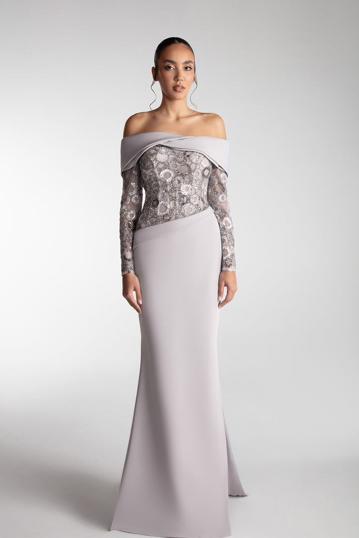 Off-Shoulder Embroidered Crepe Gown