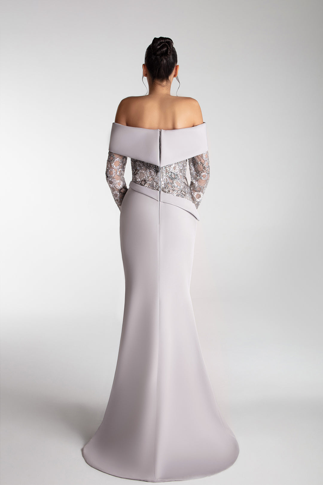 Off-Shoulder Embroidered Crepe Gown
