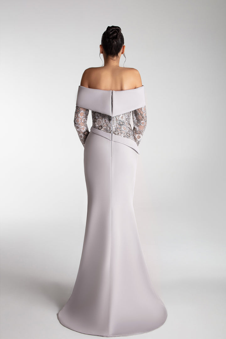 Off-Shoulder Embroidered Crepe Gown