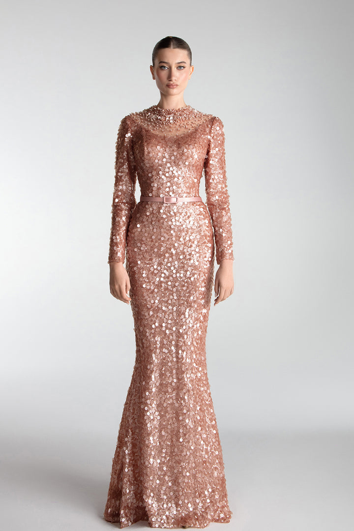 Embroidered Sequins Column Gown