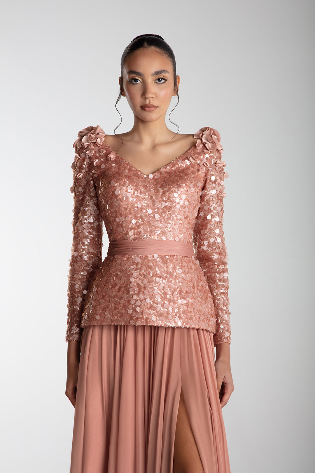 Fitted Sequin Top With Chiffon Skirt Blush / FR 34