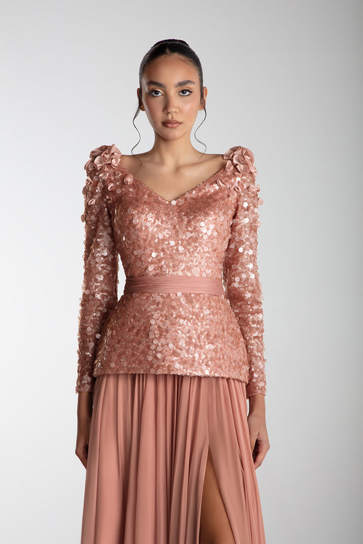 Fitted Sequin Top With Chiffon Skirt