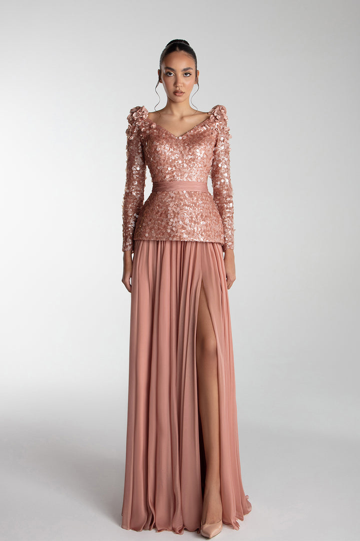 Fitted Sequin Top With Chiffon Skirt