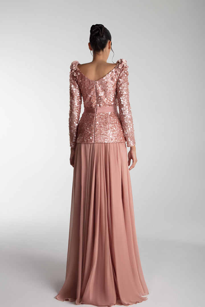 Fitted Sequin Top With Chiffon Skirt