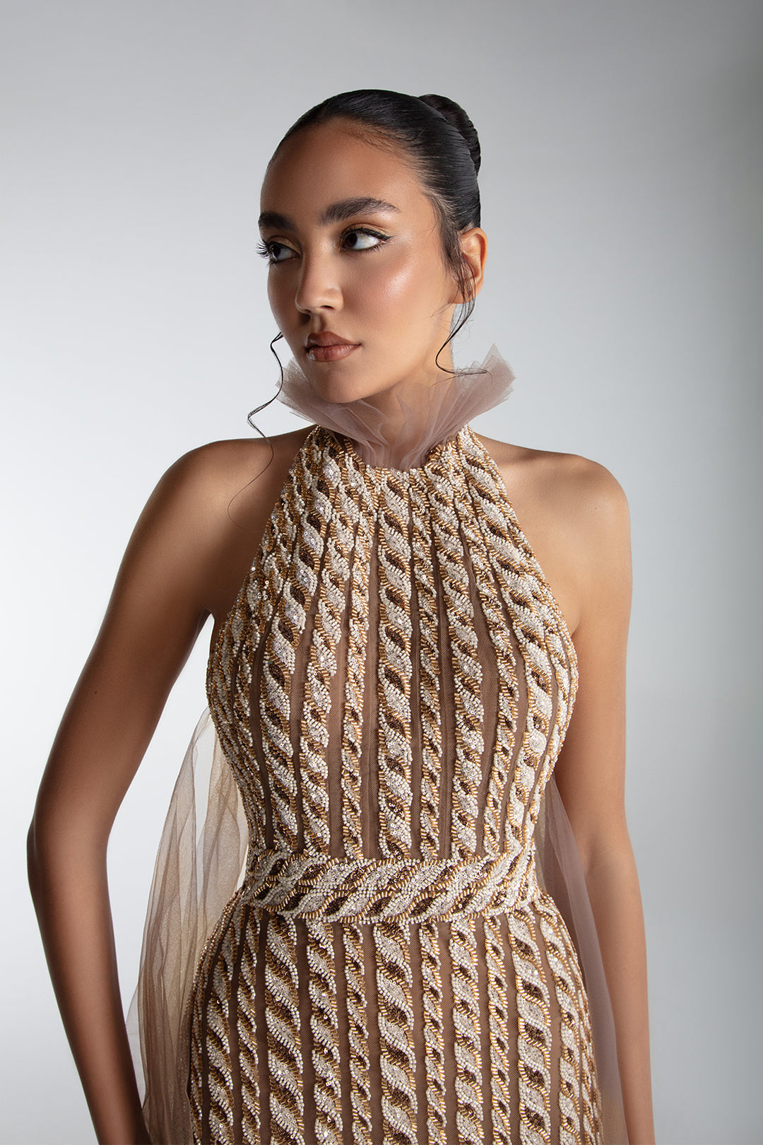 Embroidered Halter Gown With Cape And Train