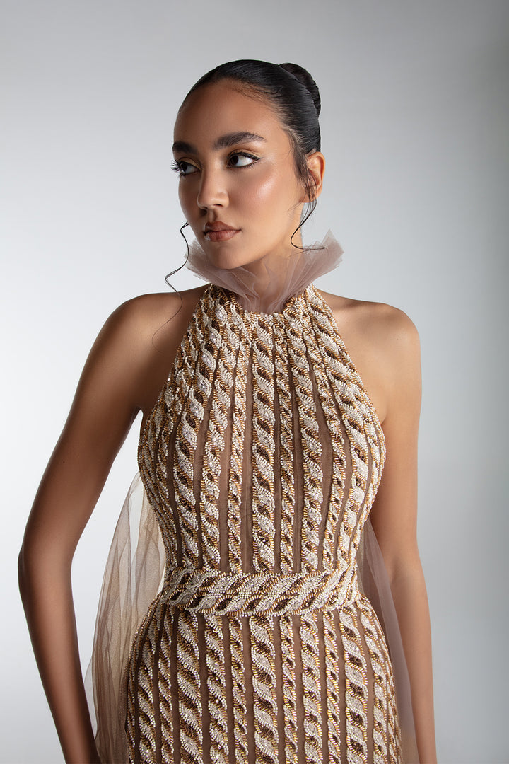 Embroidered Halter Gown With Cape And Train