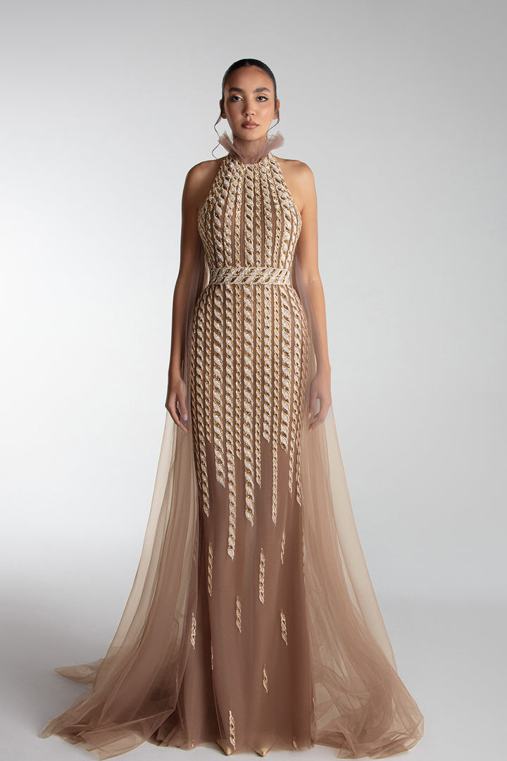 Embroidered Halter Gown With Cape And Train