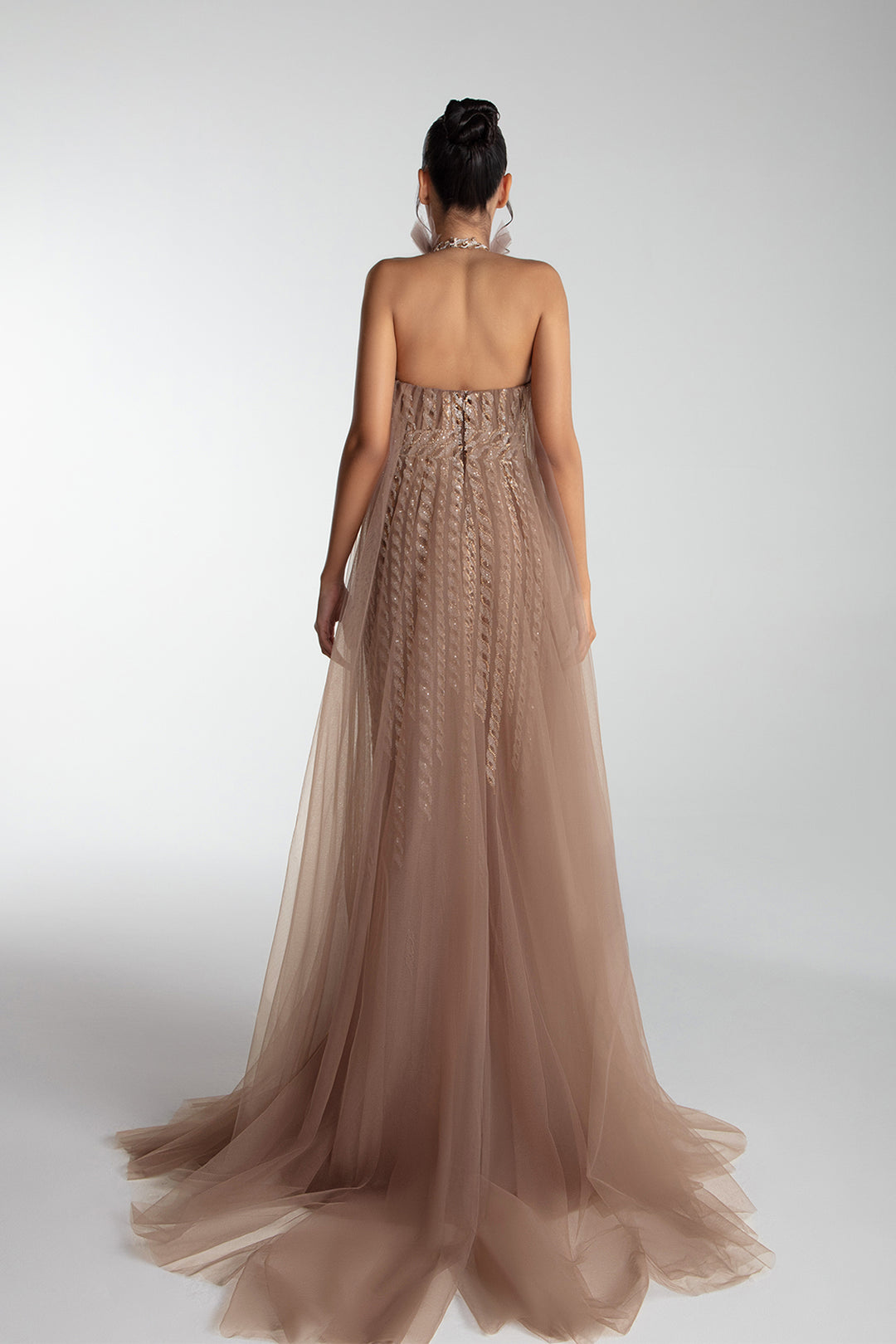 Embroidered Halter Gown With Cape And Train