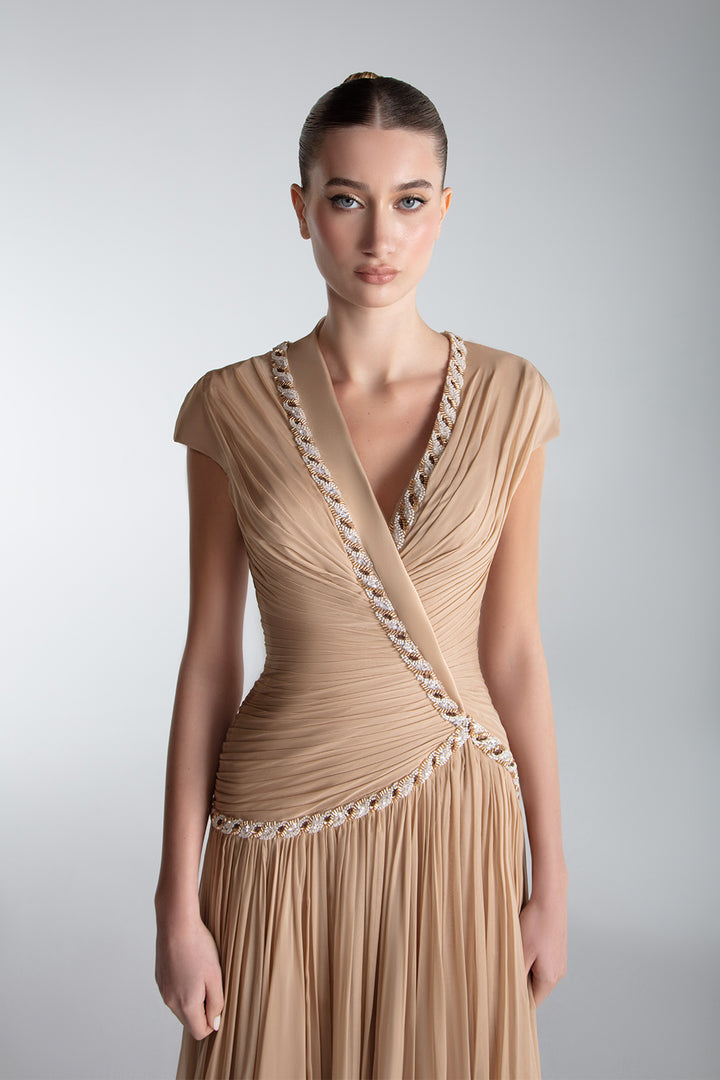 Draped Chiffon Gown With Embellished Borders