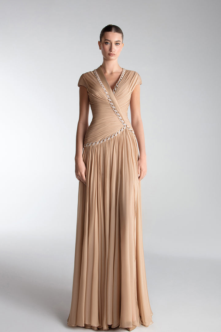 Draped Chiffon Gown With Embellished Borders