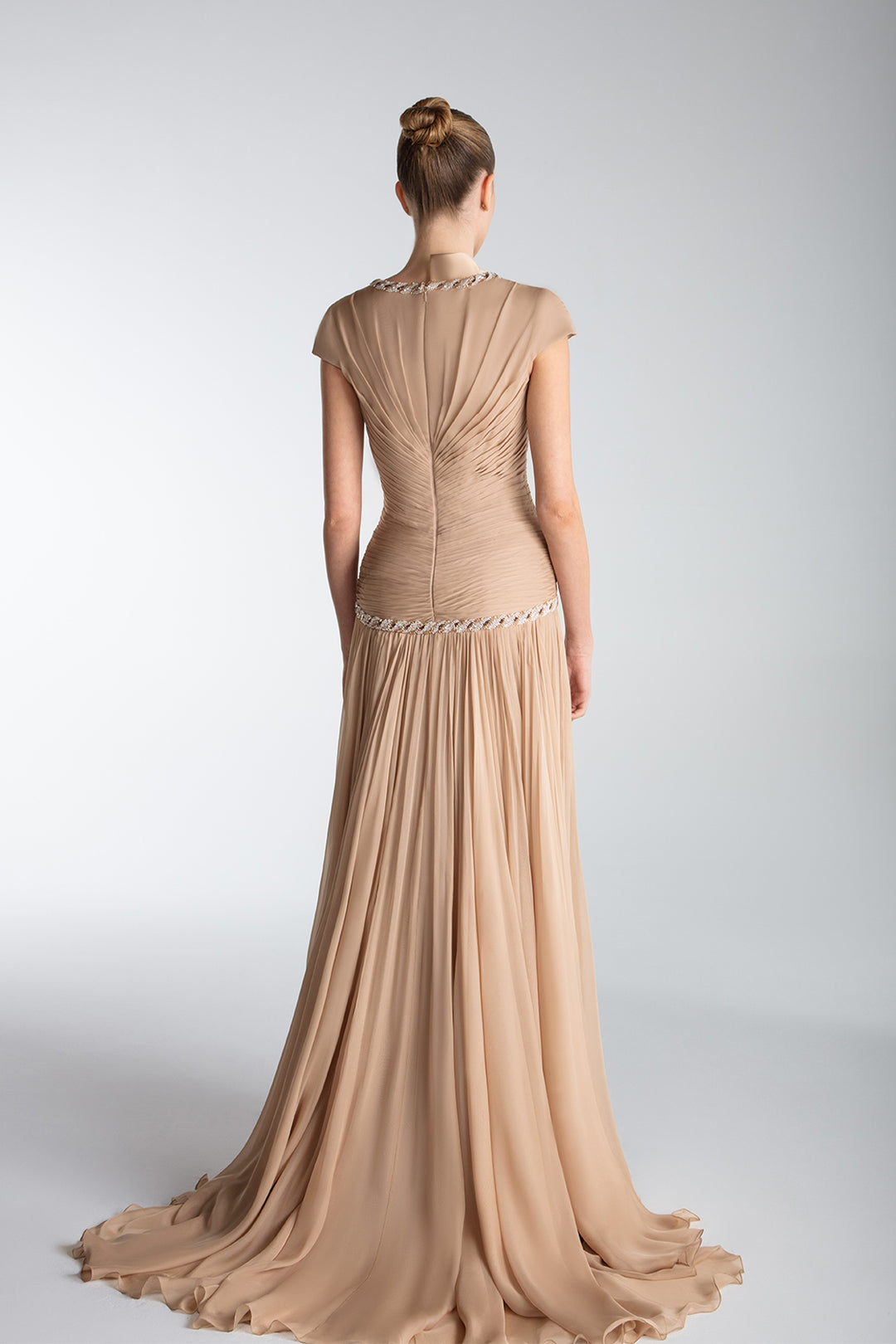 Draped Chiffon Gown With Embellished Borders